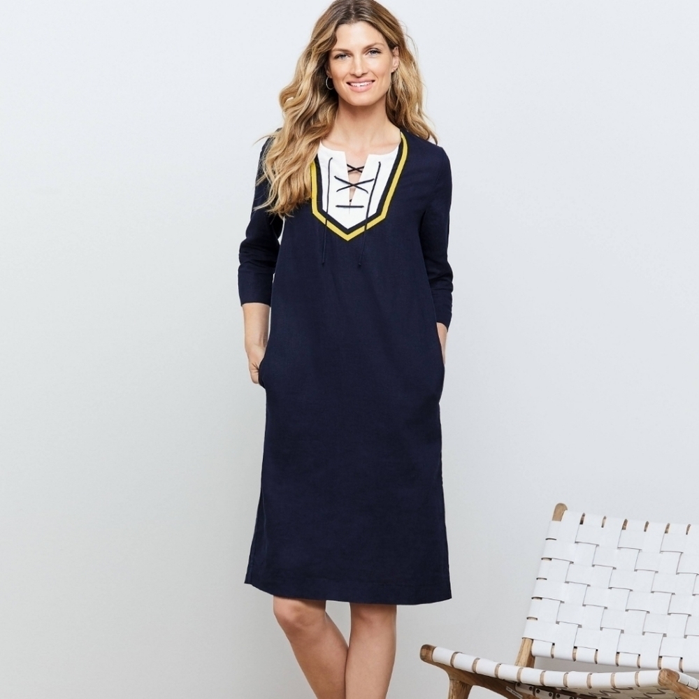 Pure Collection Navy Laundered Linen Tie Neck Dress 100% Linen 12 NWT